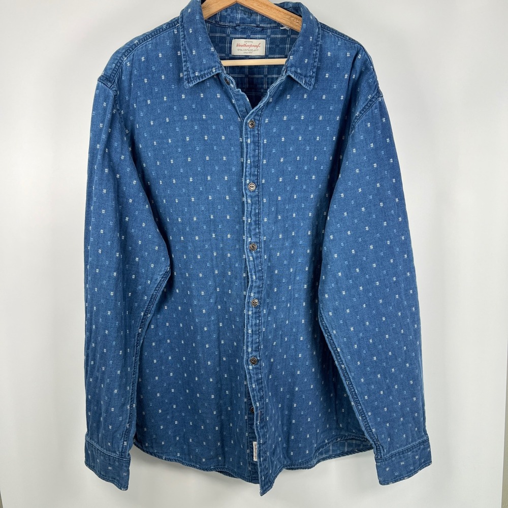 Weatherproof Vintage Mens Indigo Blue Geometric Print Button Down Shirt‎ L Large